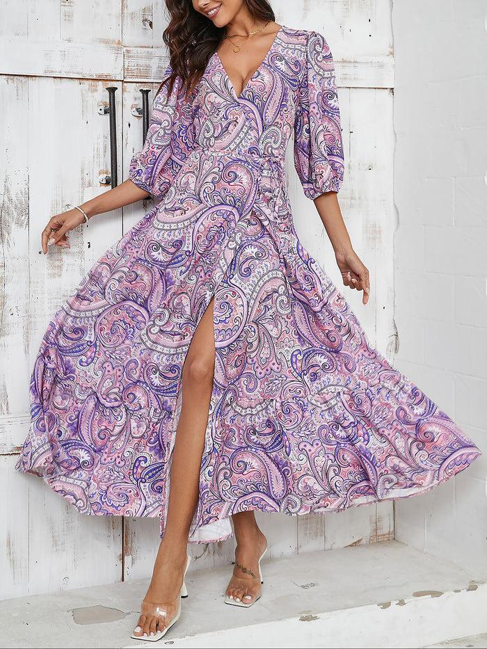 Allegra K 3D Embroidered Paisley Boho V Neck Puff Sleeve Paisley Print Resort Beach Dress