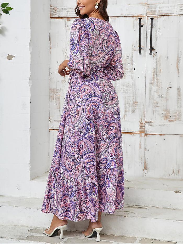 Allegra K 3D Embroidered Paisley Boho V Neck Puff Sleeve Paisley Print Resort Beach Dress