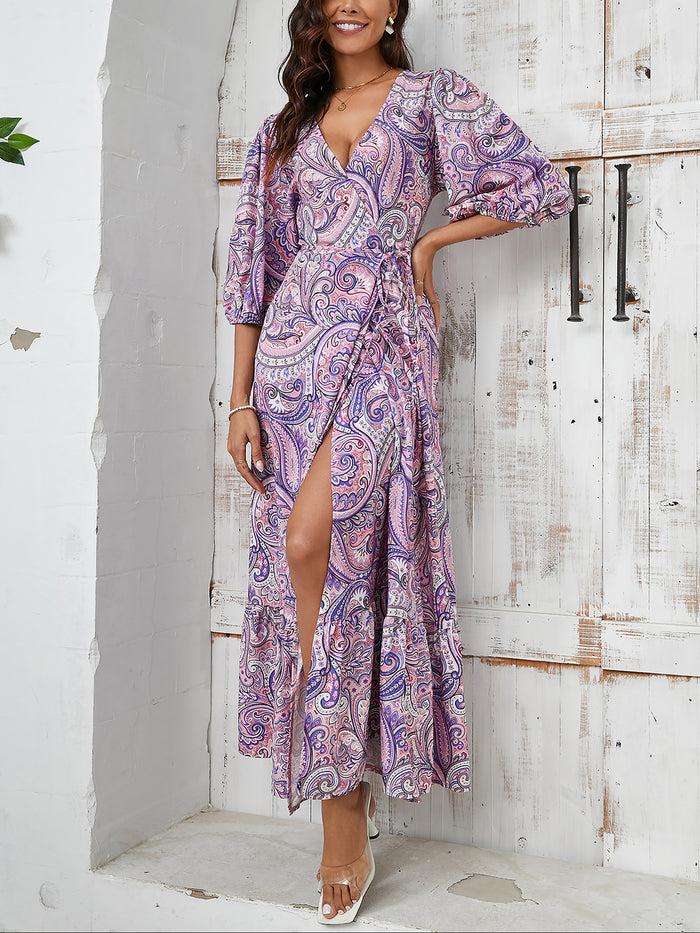 Allegra K 3D Embroidered Paisley Boho V Neck Puff Sleeve Paisley Print Resort Beach Dress