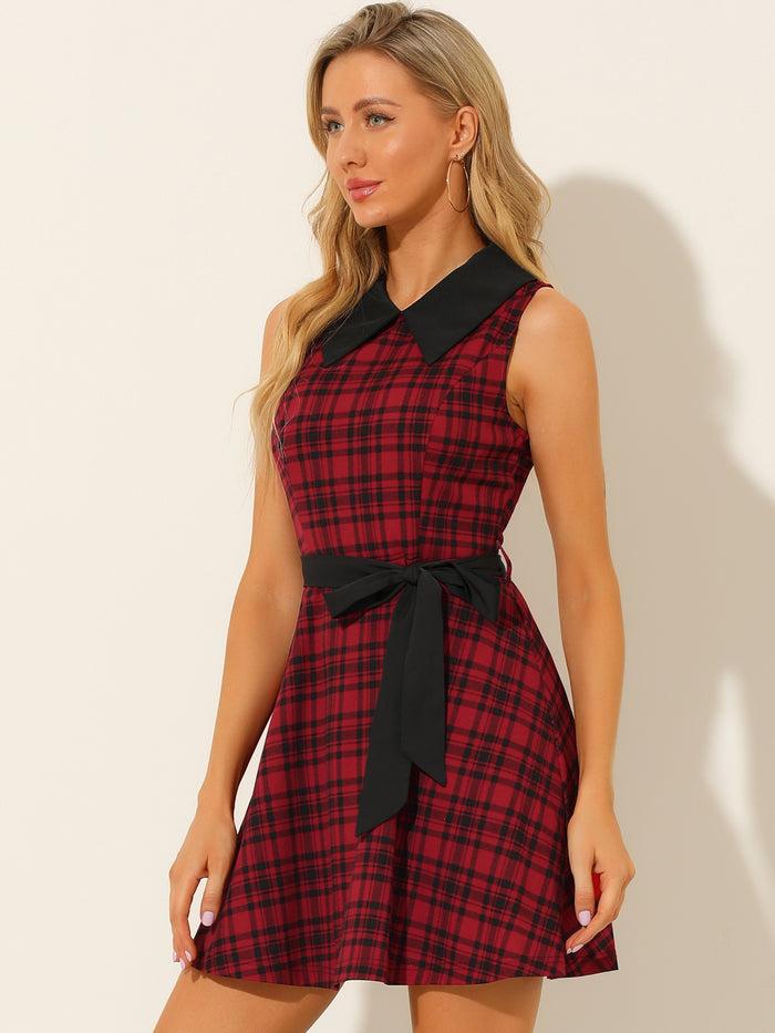 Allegra K A-line Belted Vintage Sleeveless Plaid Dress