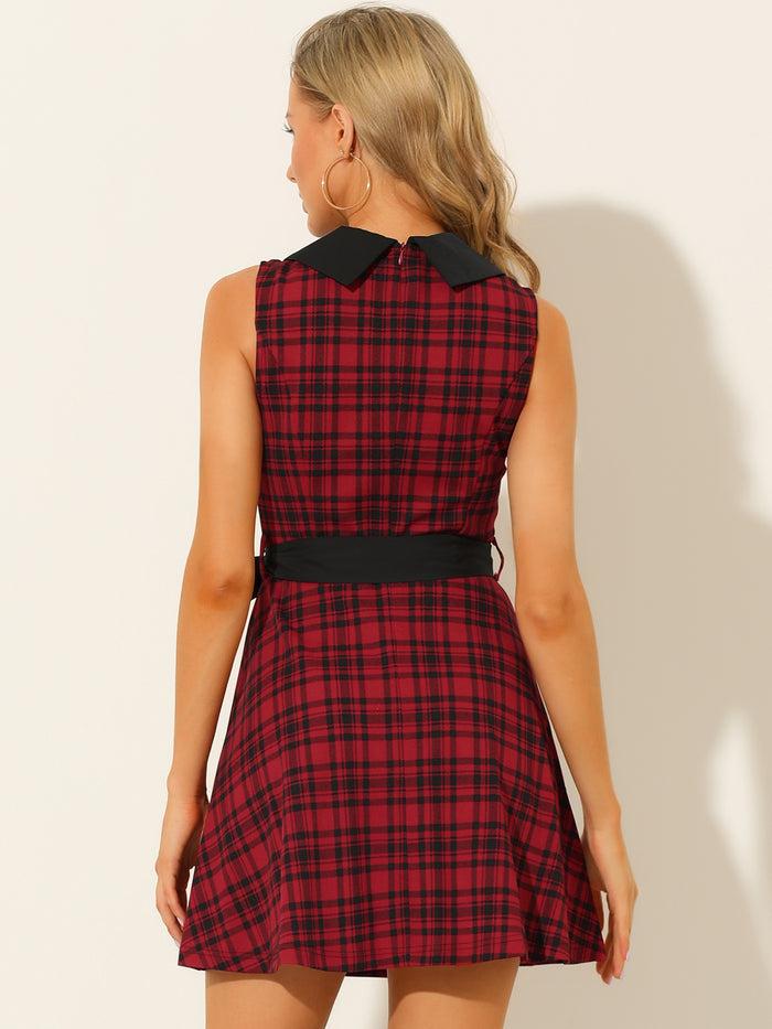 Allegra K A-line Belted Vintage Sleeveless Plaid Dress
