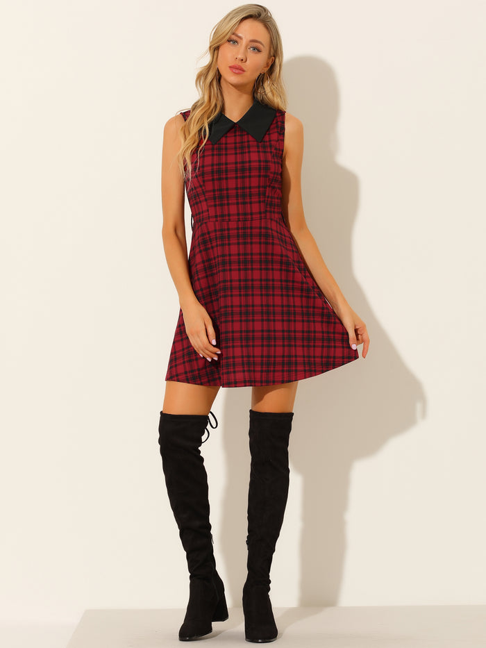Allegra K A-line Belted Vintage Sleeveless Plaid Dress