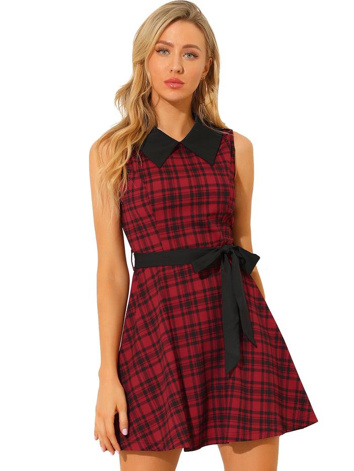 allegra k A-line Belted Vintage Sleeveless Plaid Dress
