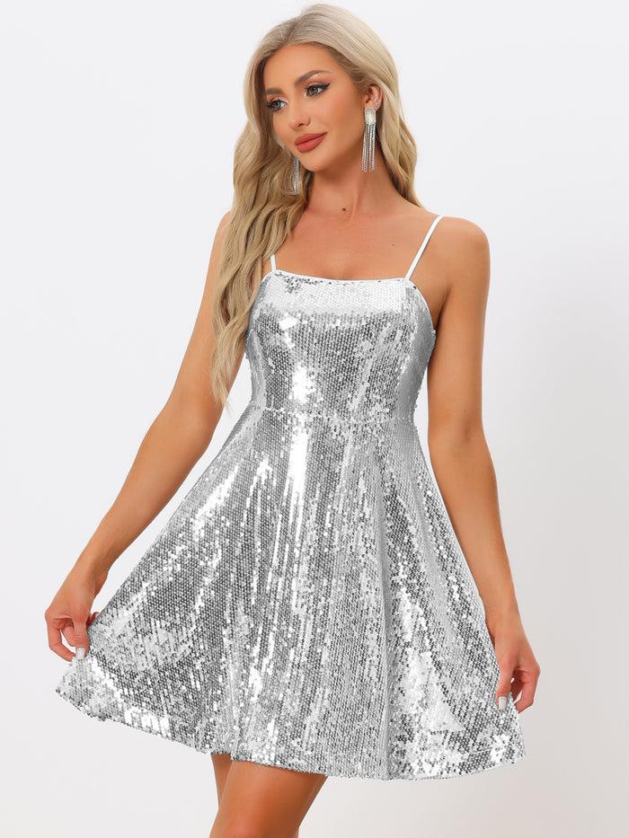 Allegra K Adjustable Spaghetti Strap Party Glitter Sparkle Sequin Dress