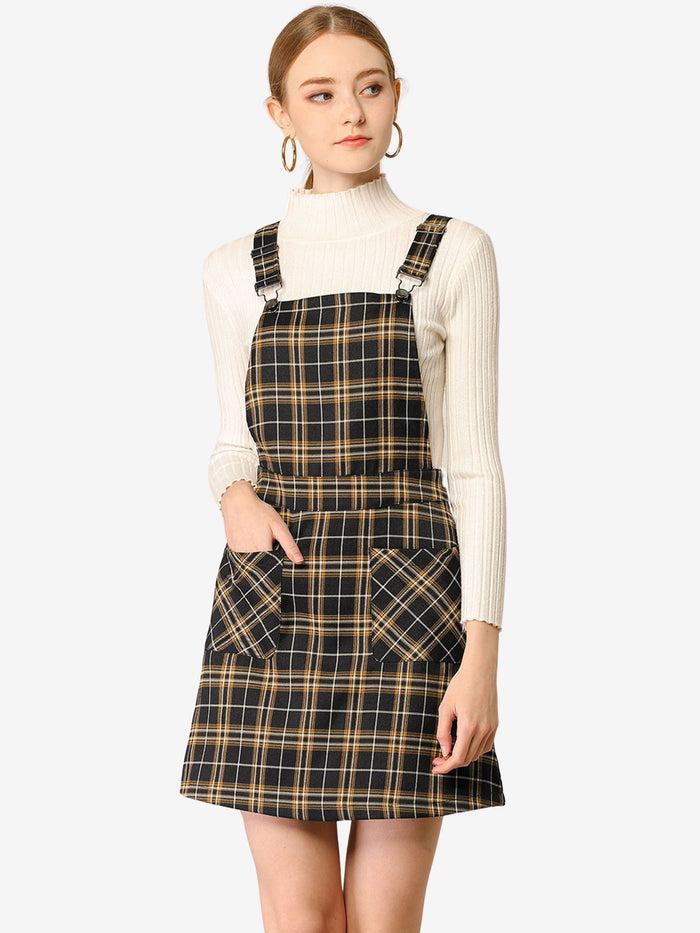 allegra k Adjustable Strap Above Knee Plaid Printed Overall Suspender Skirt