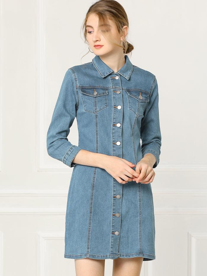 Allegra K 3/4 Sleeve Button Down Denim Shirt Dress