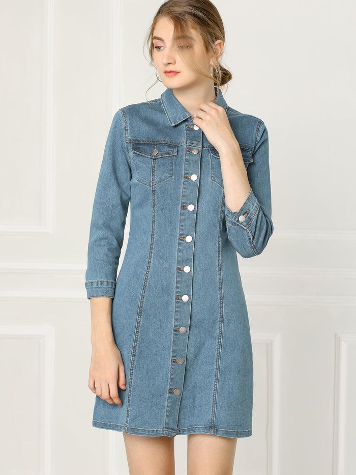 Allegra K 3/4 Sleeve Button Down Denim Shirt Dress