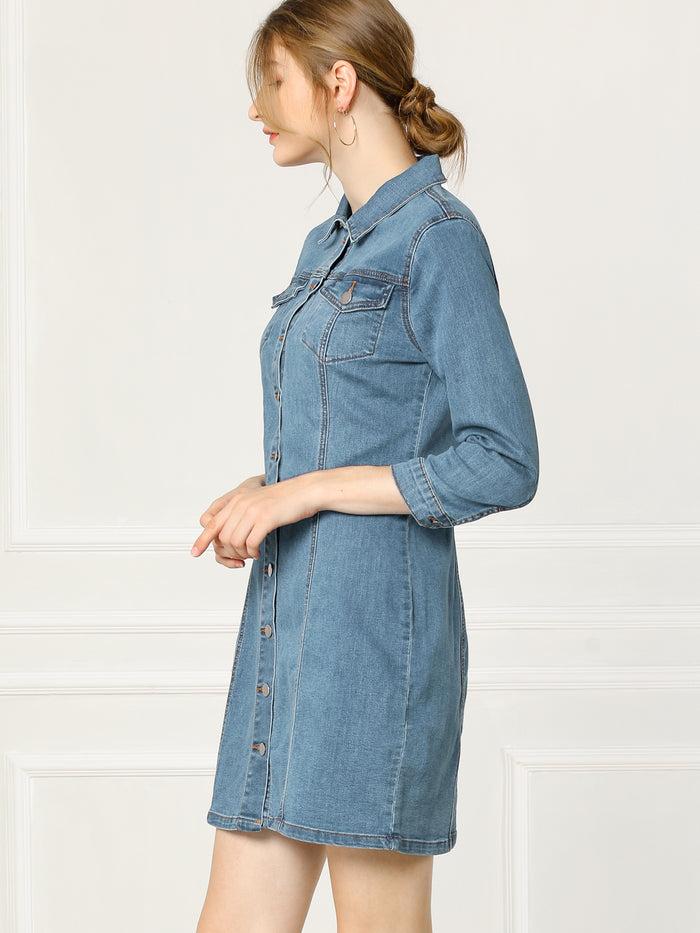 Allegra K 3/4 Sleeve Button Down Denim Shirt Dress