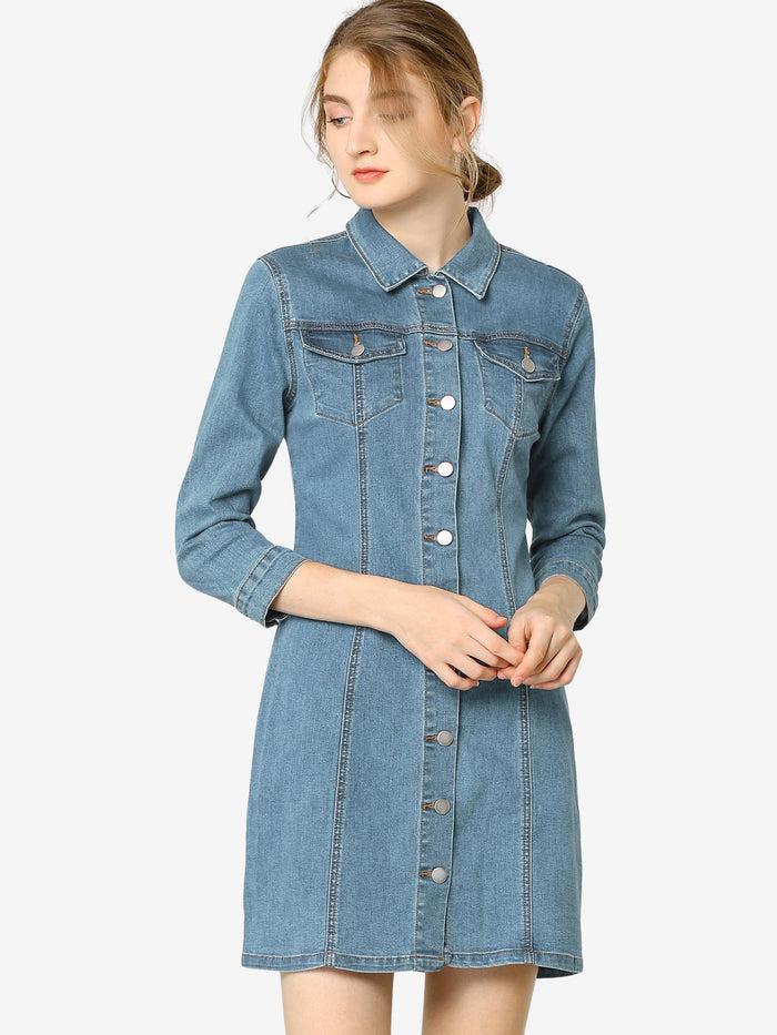 allegra k 3/4 Sleeve Button Down Denim Shirt Dress