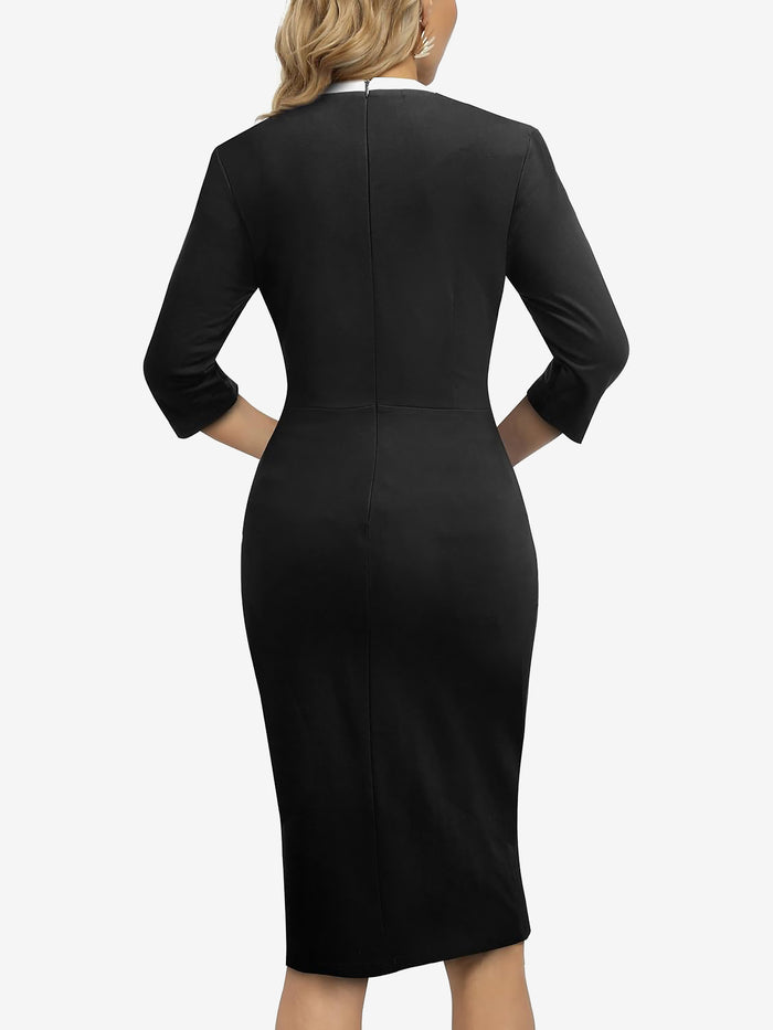 Allegra K 3/4 Sleeves Colorblock Midi Sheath Dress