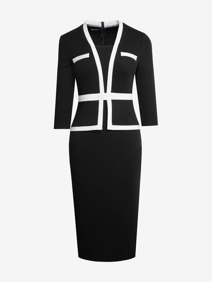 Allegra K 3/4 Sleeves Colorblock Midi Sheath Dress