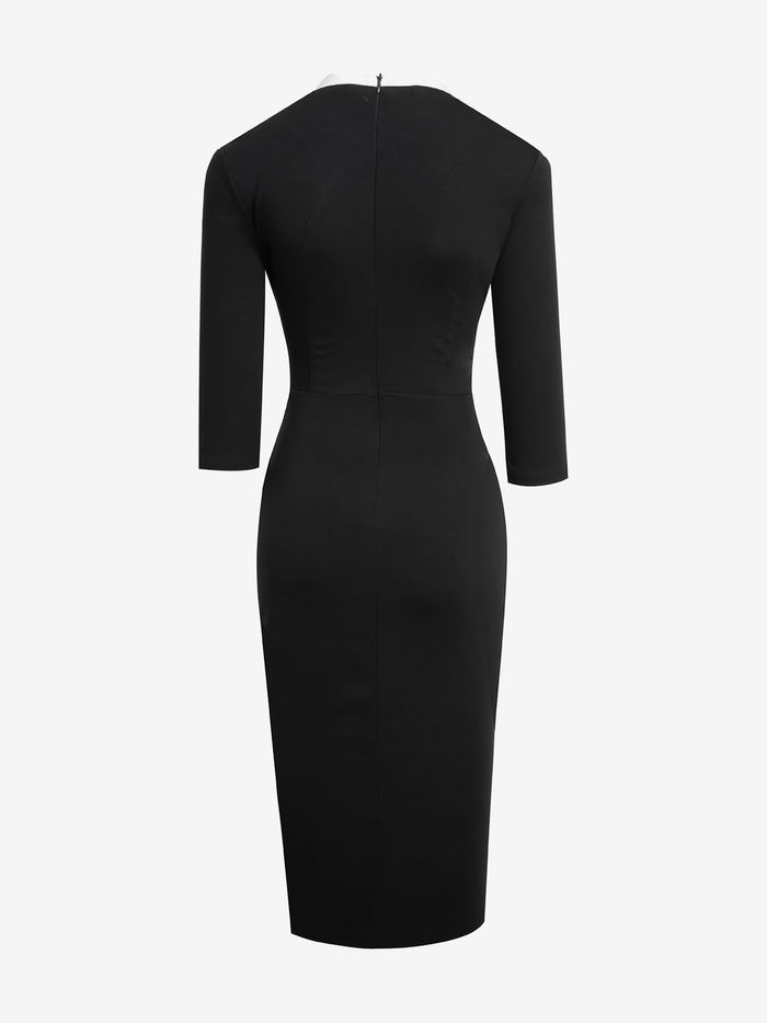 Allegra K 3/4 Sleeves Colorblock Midi Sheath Dress