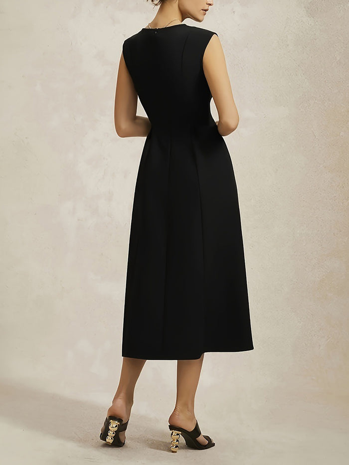 Allegra K Boat Neck Cap Sleeves A-Line Midi Dress