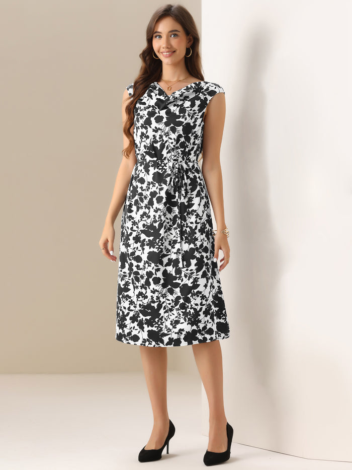 Allegra K Floral Cowl Neck Cap Sleeve Midi Dress