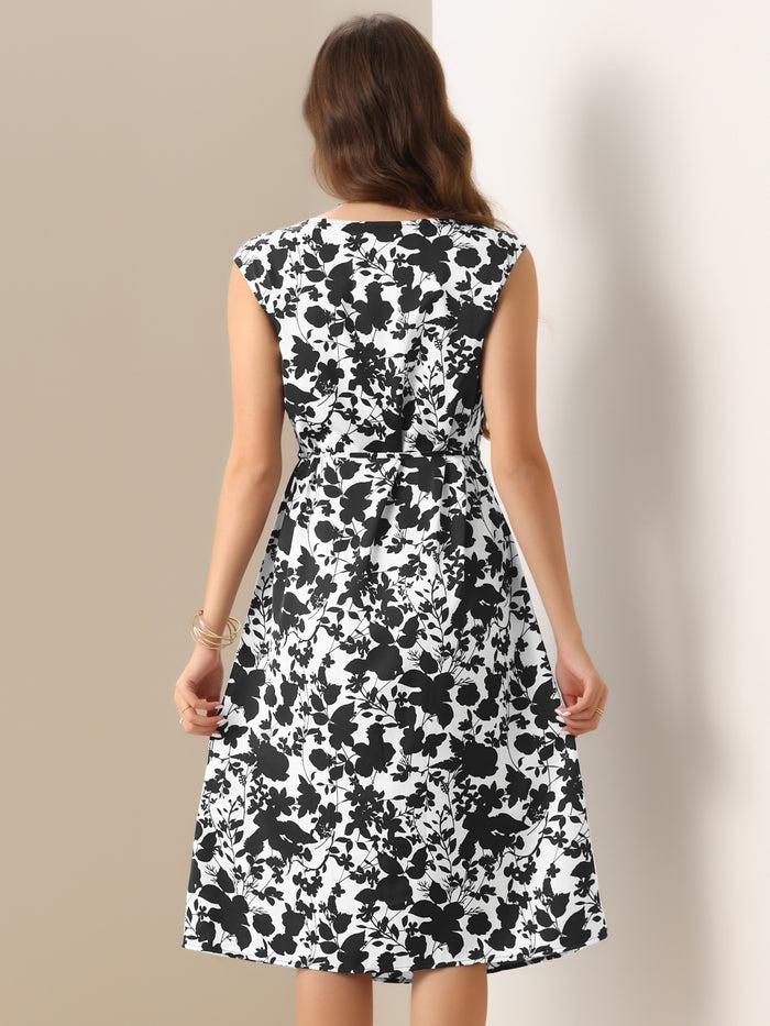 Allegra K Floral Cowl Neck Cap Sleeve Midi Dress