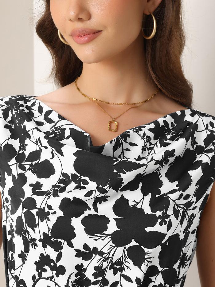 Allegra K Floral Cowl Neck Cap Sleeve Midi Dress