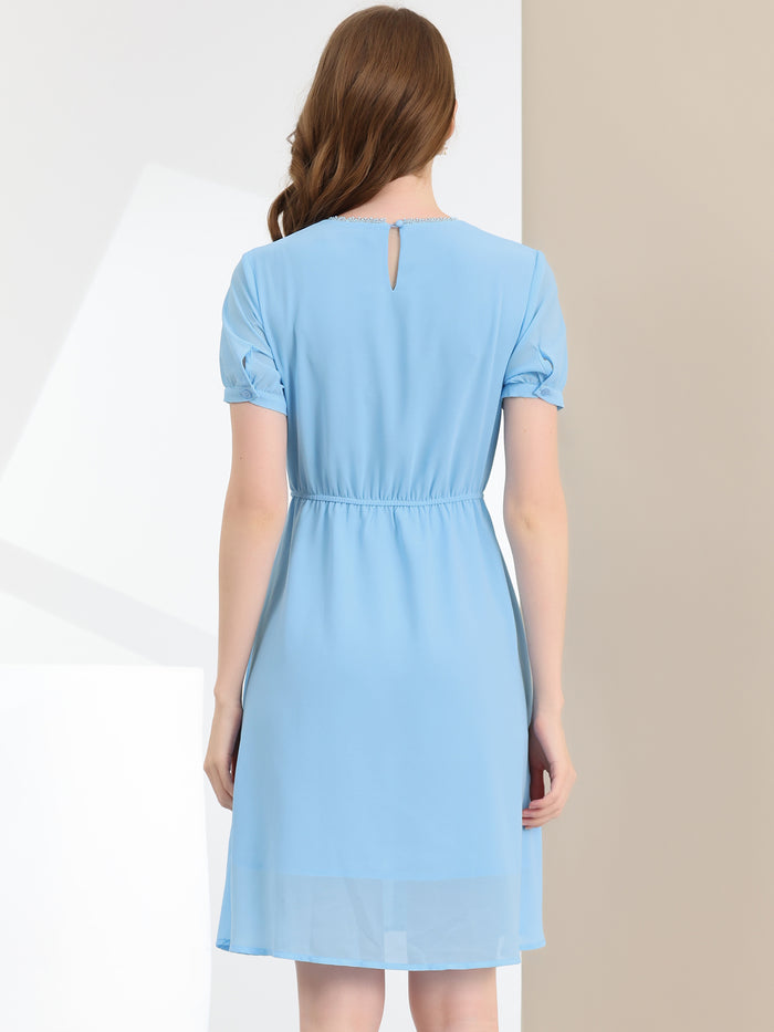 Allegra K Puff Sleeve Summer Flowy Chiffon Dress