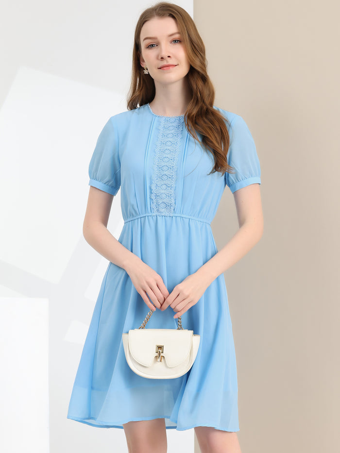 allegra k Puff Sleeve Summer Flowy Chiffon Dress