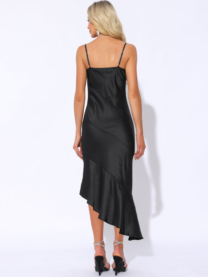 Allegra K Satin Spaghetti Strap Midi Bodycon Dress