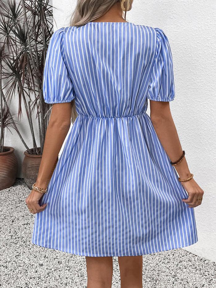 Allegra K Striped Round Neck Bow A-Line Midi Dress