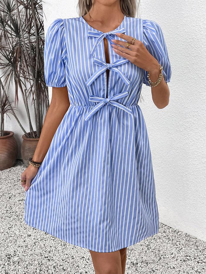 Allegra K Striped Round Neck Bow A-Line Midi Dress