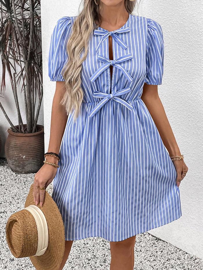 allegra k Striped Round Neck Bow A-Line Midi Dress