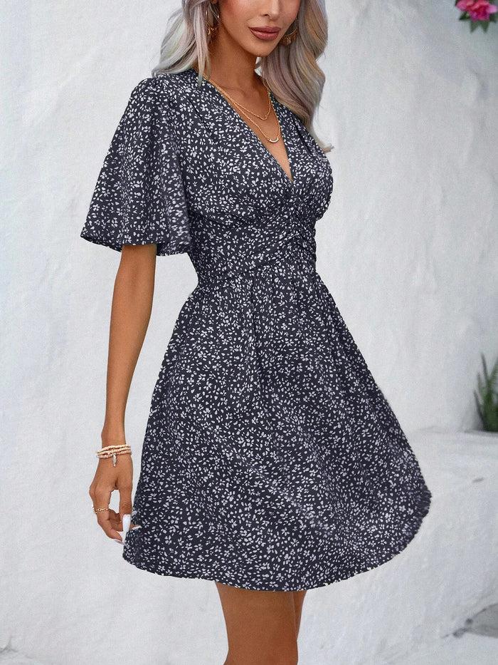 Allegra K V Neck Short Sleeve Floral Ruched Dress