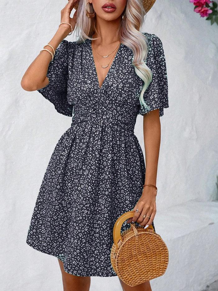 allegra k V Neck Short Sleeve Floral Ruched Dress
