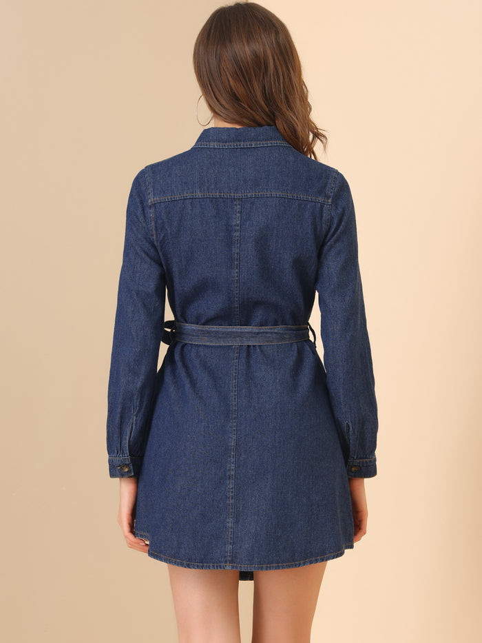 Allegra K Belted Long Sleeve Button Front Denim Shirt Dress