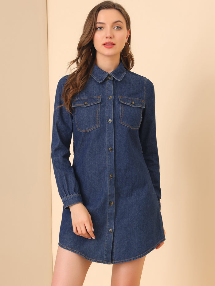 allegra k Belted Long Sleeve Button Front Denim Shirt Dress