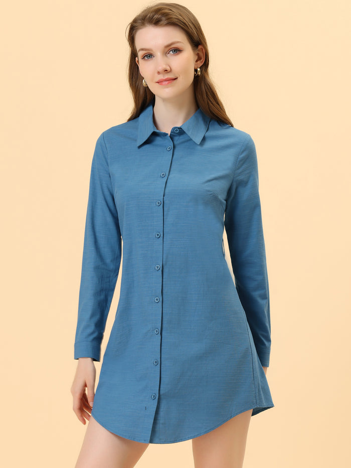 Allegra K Belted Roll Up Sleeve Button Up Collared Shirt Dress