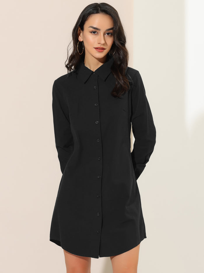 Allegra K Belted Roll Up Sleeve Button Up Collared Shirt Dress