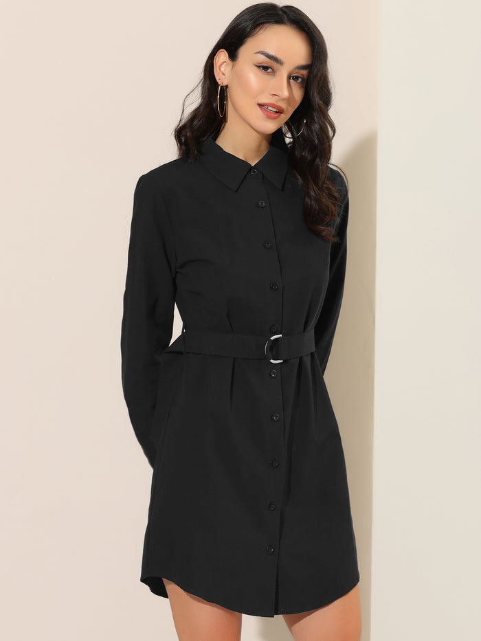 allegra k Belted Roll Up Sleeve Button Up Collared Shirt Dress