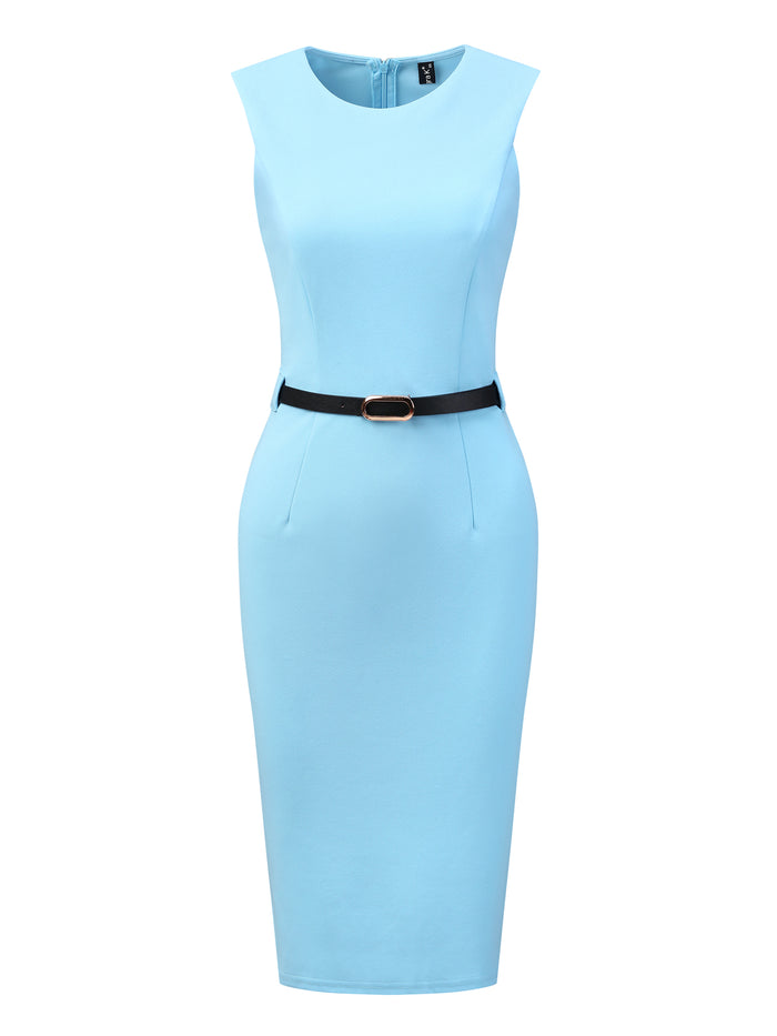 Allegra K Belted Sheath Round Neck Sleeveless Casual Office Dress