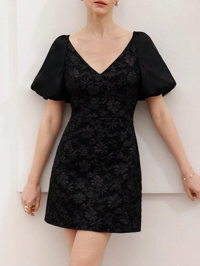 Allegra K Black Jacquard Texture V Neck Puff Sleeve Sheath Dress