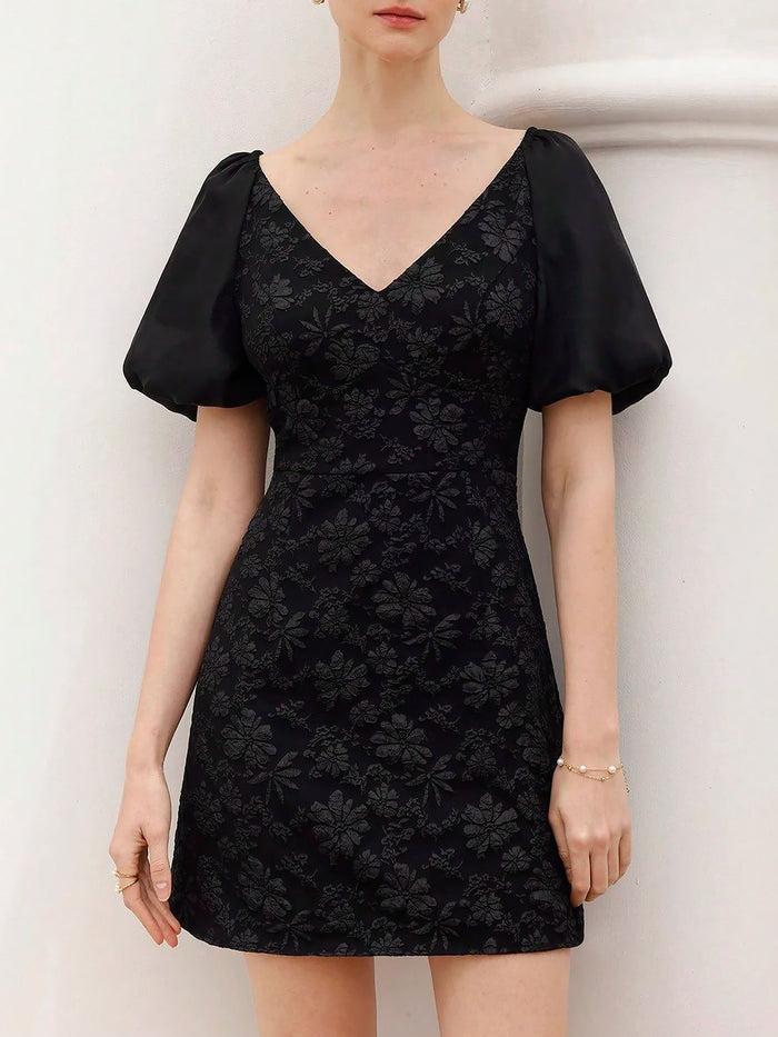 Allegra K Black Jacquard Texture V Neck Puff Sleeve Sheath Dress