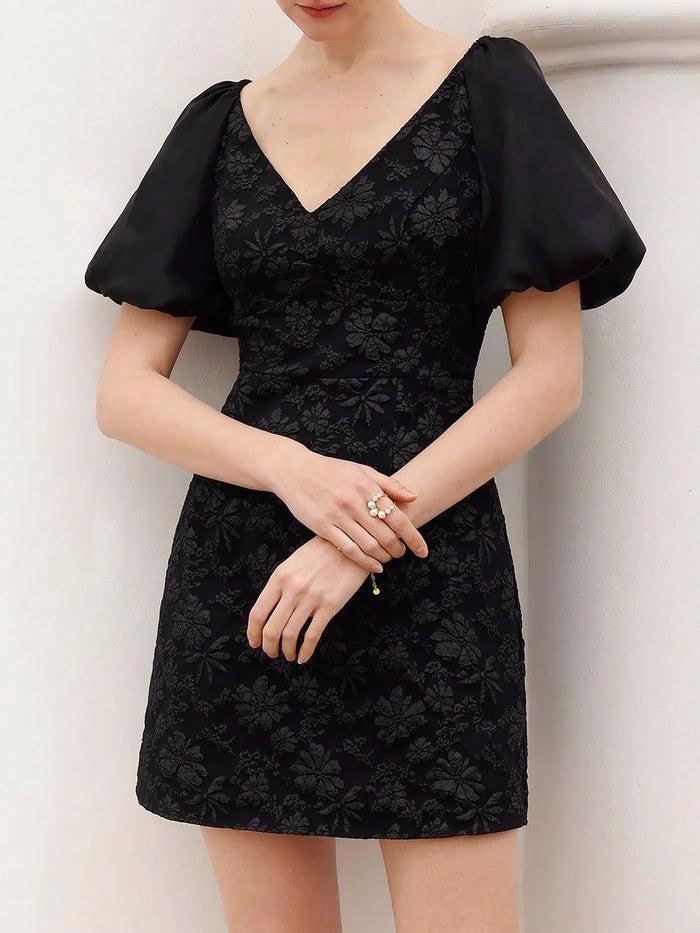 Allegra K Black Jacquard Texture V Neck Puff Sleeve Sheath Dress