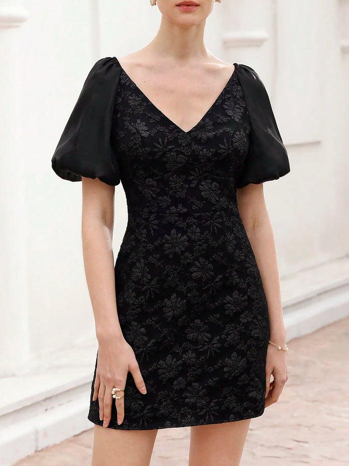 allegra k Black Jacquard Texture V Neck Puff Sleeve Sheath Dress