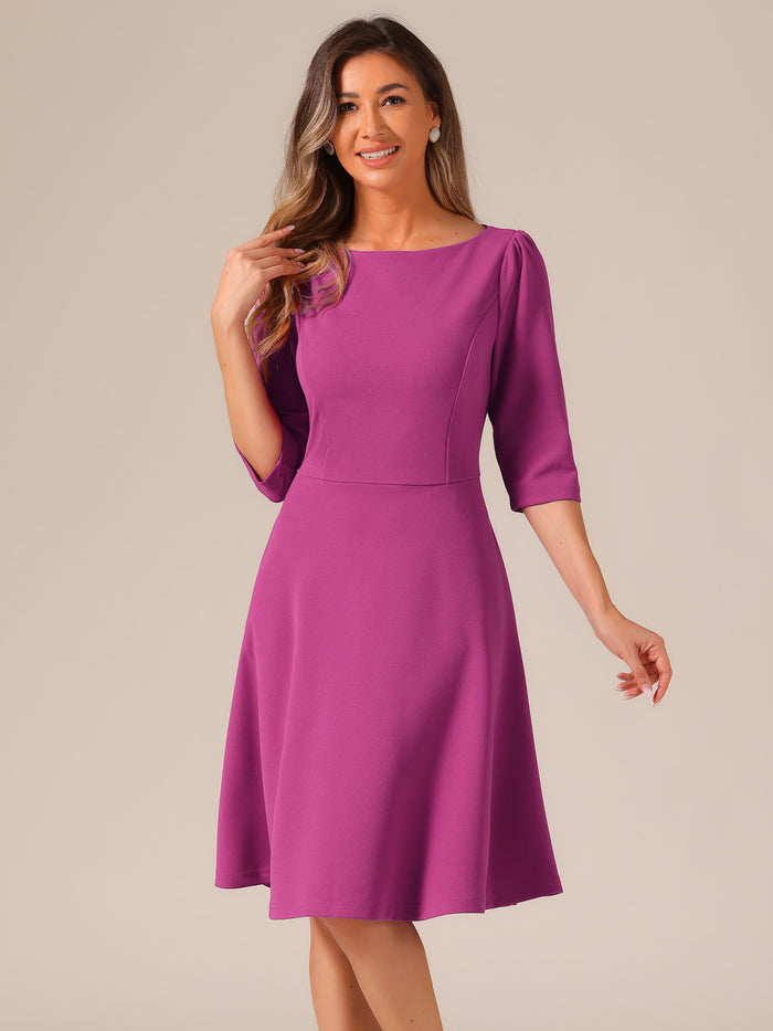 allegra k Boat Neck 3/4 Sleeves Midi Flared Office Dress