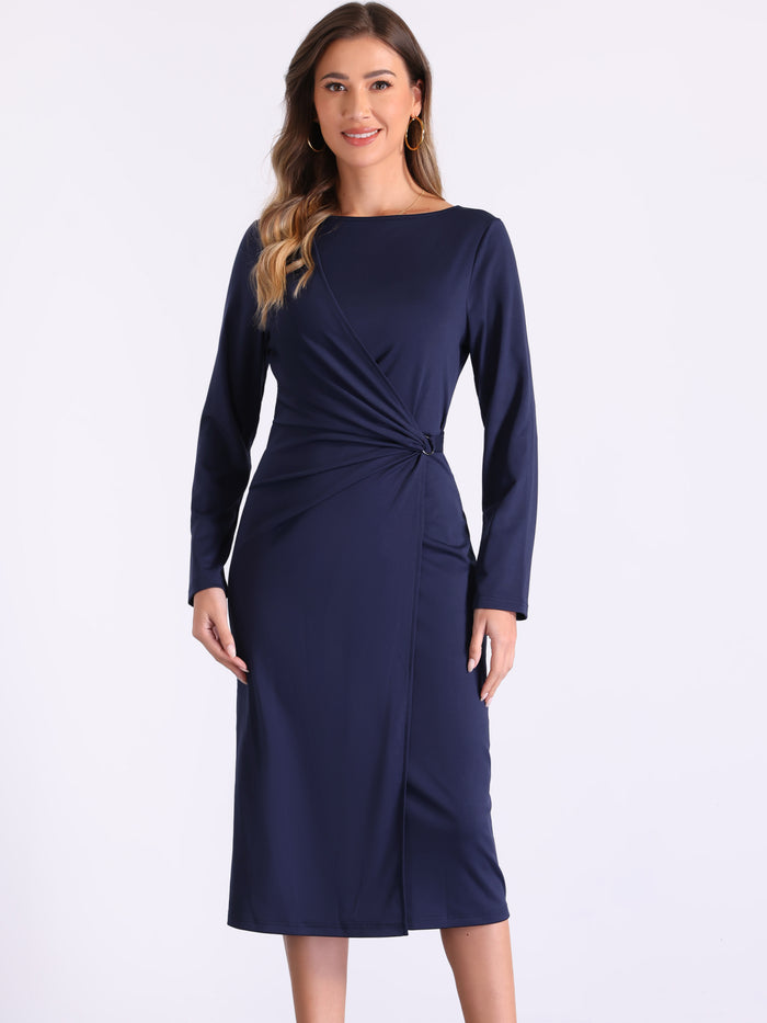 Allegra K Boat Neck Long Sleeve Ruched Work Midi Sheath Dress