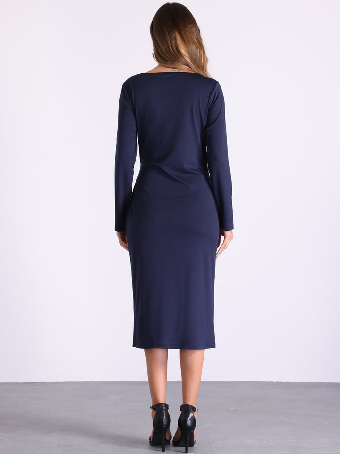 Allegra K Boat Neck Long Sleeve Ruched Work Midi Sheath Dress
