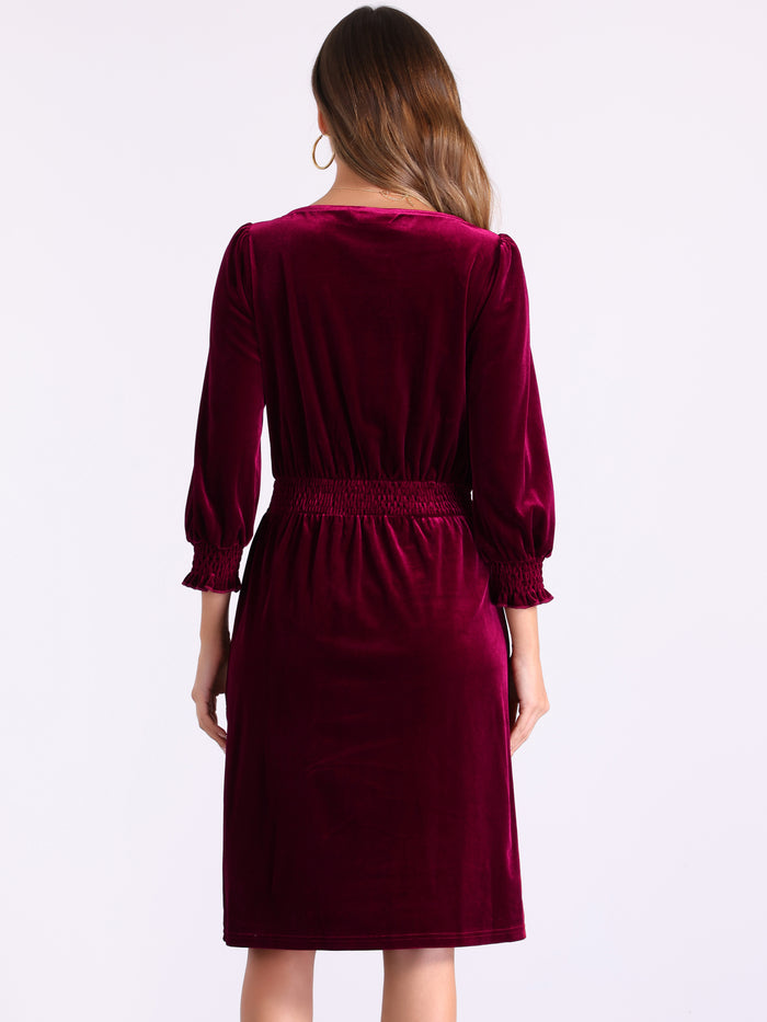 Allegra K Boat Neck Puff Sleeve Smocked Velvet Midi Dress