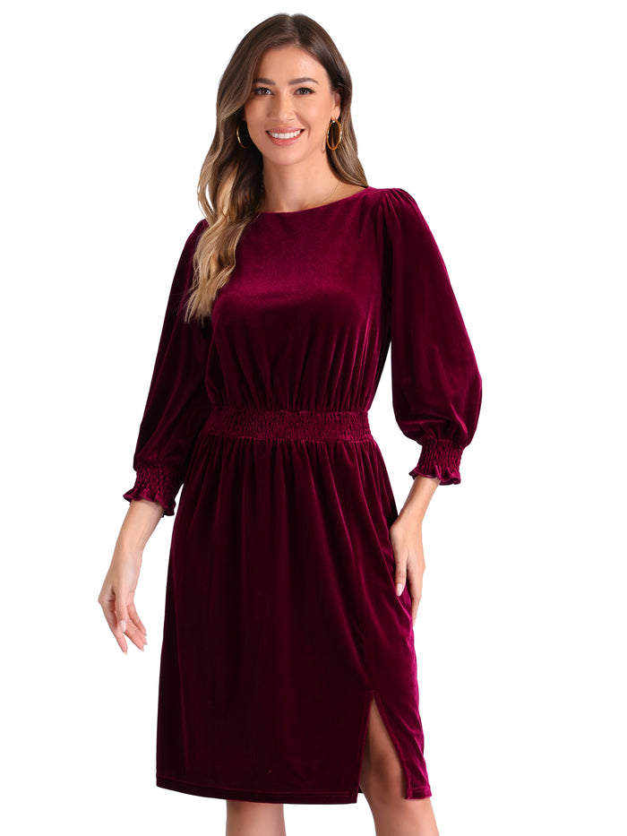 Allegra K Boat Neck Puff Sleeve Smocked Velvet Midi Dress