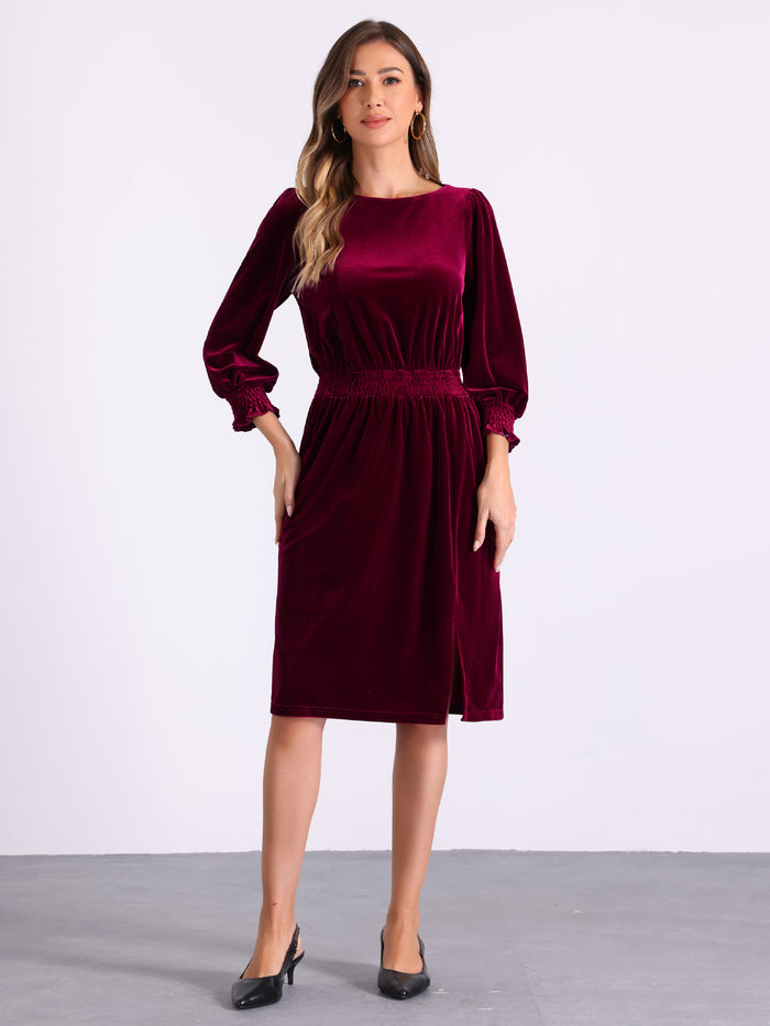 allegra k Boat Neck Puff Sleeve Smocked Velvet Midi Dress