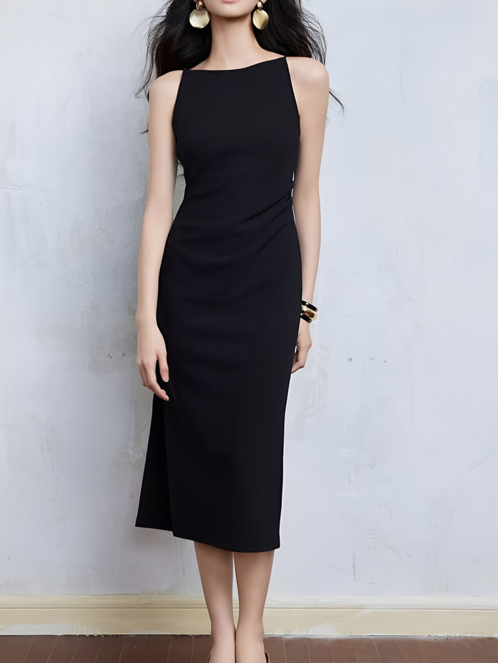 Allegra K Boat Neck Sleeveless Midi Slit Sheath Dress