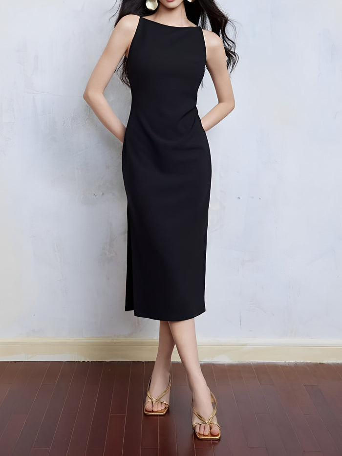 Allegra K Boat Neck Sleeveless Midi Slit Sheath Dress