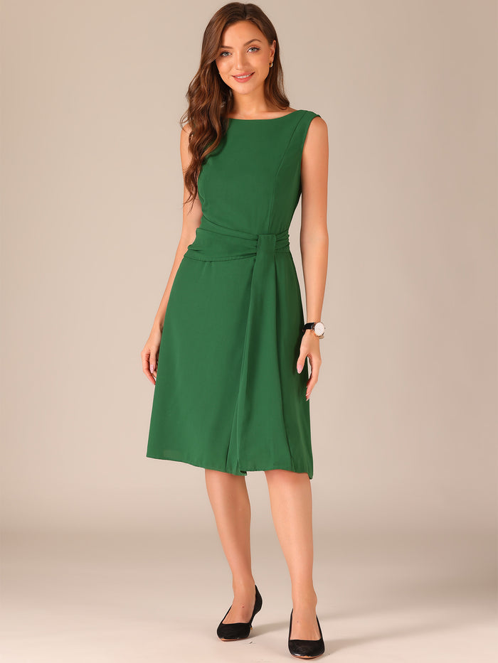 Allegra K Boat Neck Sleeveless Solid Color A-Line Midi Dress