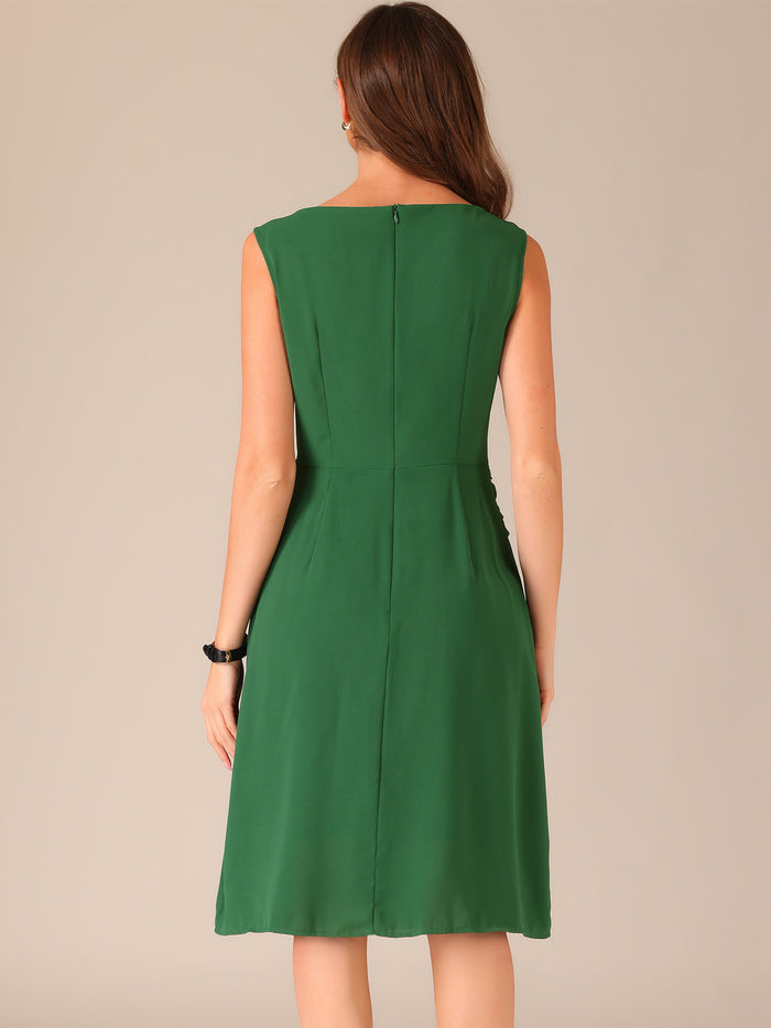 Allegra K Boat Neck Sleeveless Solid Color A-Line Midi Dress