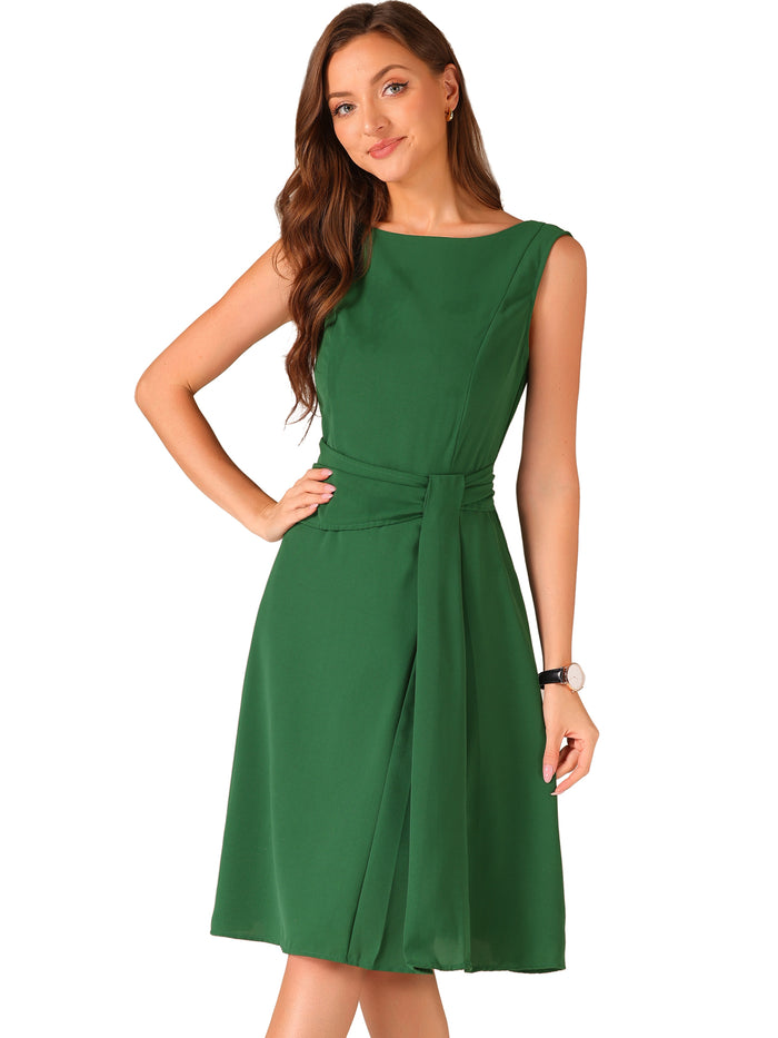 Allegra K Boat Neck Sleeveless Solid Color A-Line Midi Dress