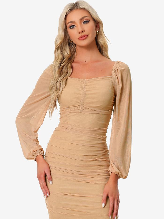 allegra k Bodycon Long Puff Sleeve Mini Mesh Ruched Solid Lace Up Party Dress